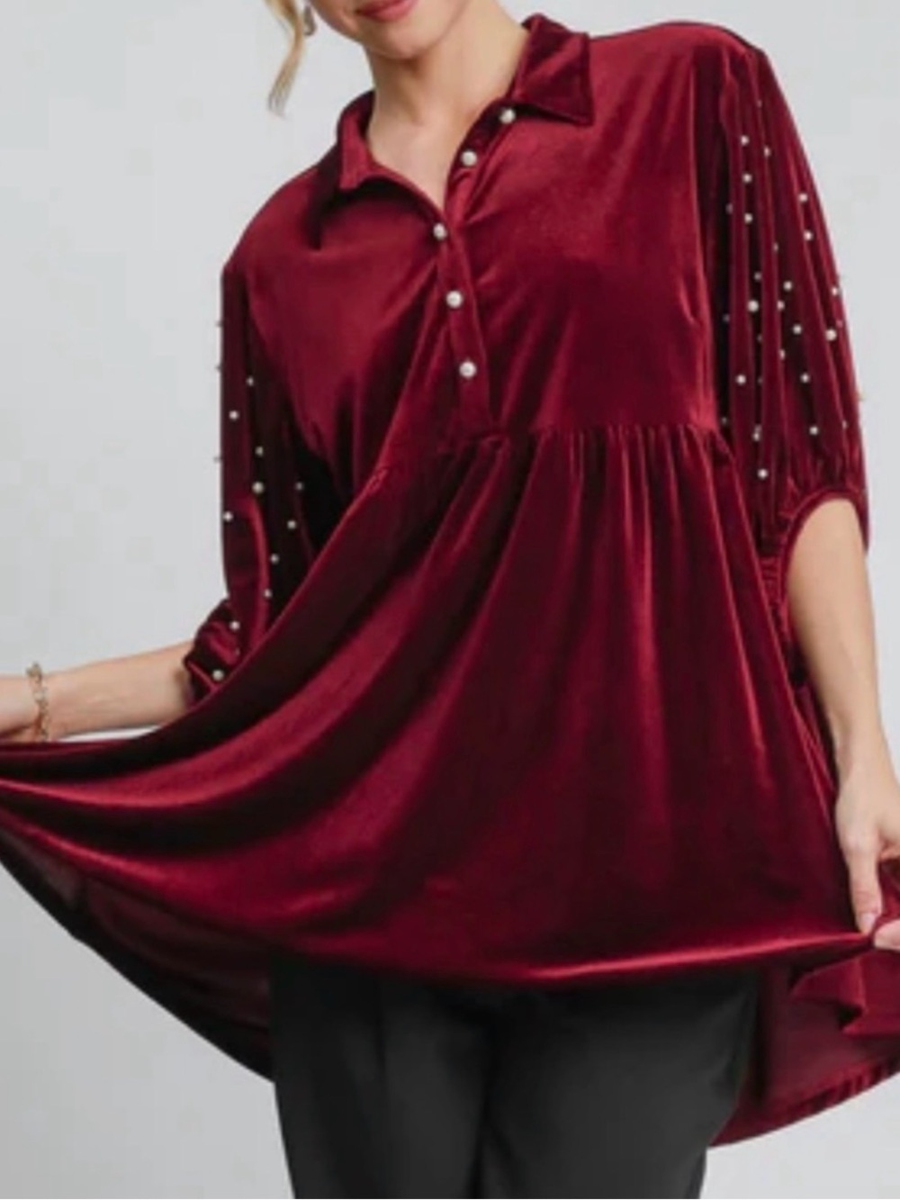 Umgee Small Wine Velvet Tunic Pearl Embellishment Coquette Whimsigoth Romantic